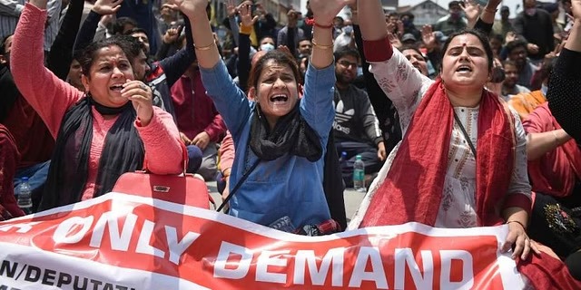 Pandit employees demanding release of pending salaries, relocation to Jammu stage overnight sit-in