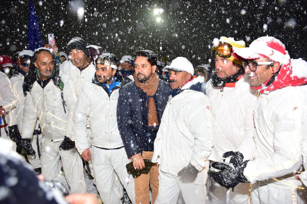 Anurag Thakur inaugurates Night Ski Demonstration in LED suits at Highland Park Gulmarg