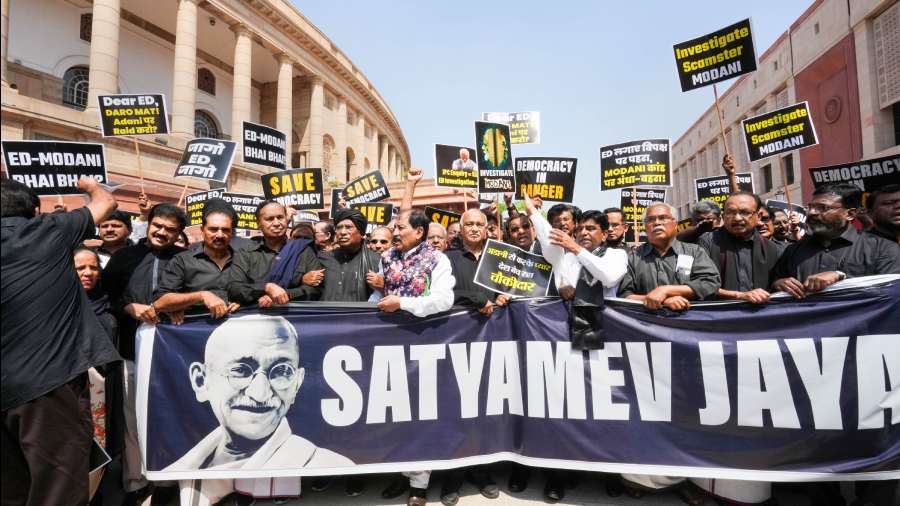 Dressed in black, opposition MPs stage protest over Adani issue, Rahul Gandhi’s disqualification