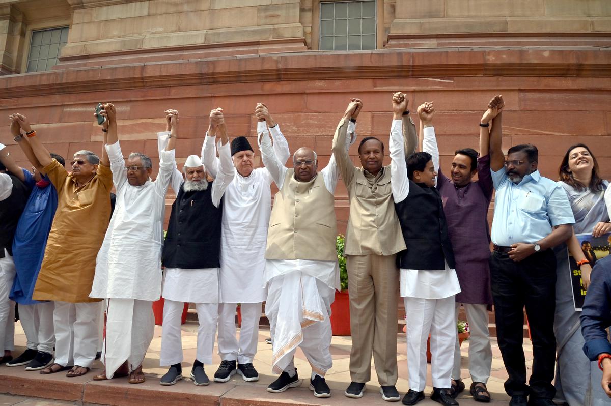 Opposition leaders form human chain in Parliament premises, demand JPC probe into Adani issue