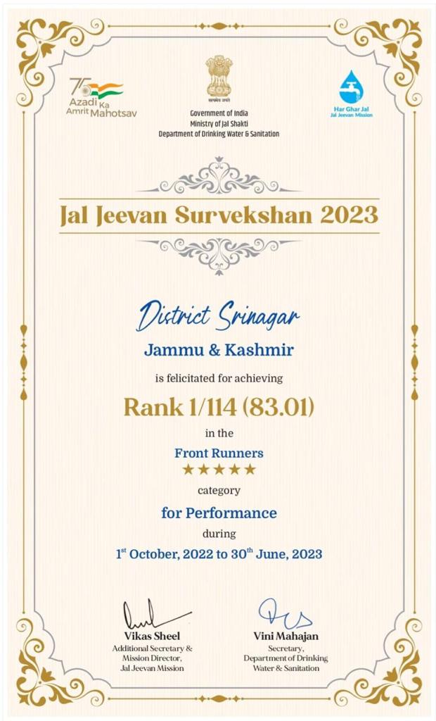 Srinagar ranks first across India in implementation of JJM among Har Ghar Jal-certified districts