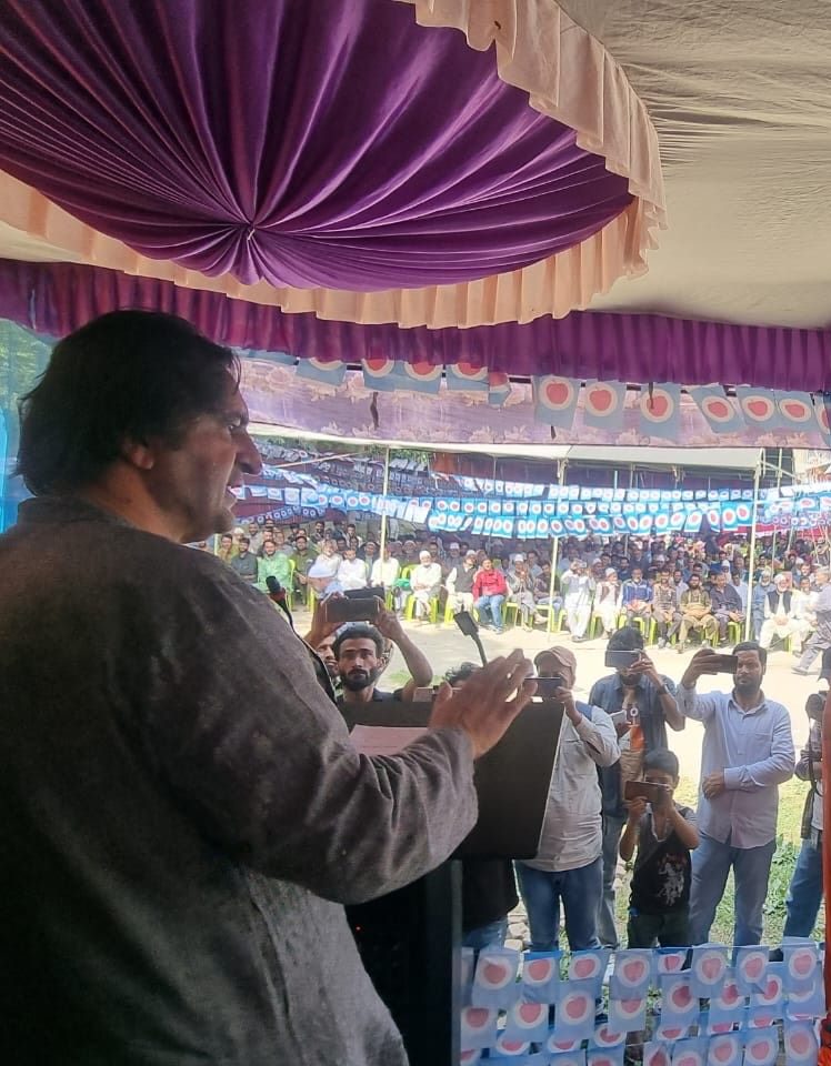 Sajad Lone addresses party convention at Khansahib