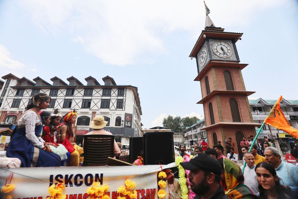 Kashmiri Hindus take out a Janmashtami procession in Srinagar’s Lal Chowk on the auspicious birth anniversary of Lord Krishna