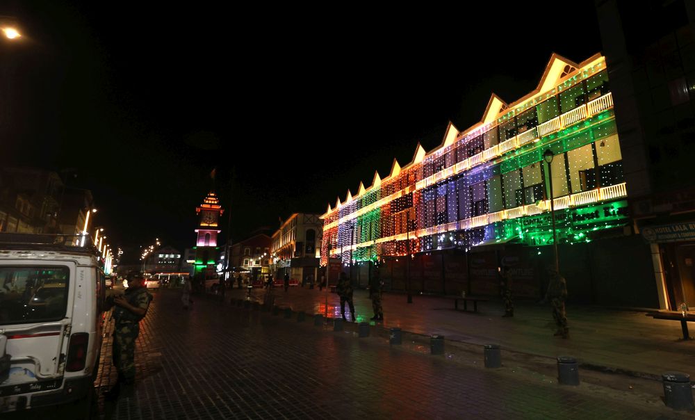 Srinagar’s Clock Tower in Lal Chowk glitters on Wednesday evening in anticipation of Independence Day which is to be observed on Thursday.