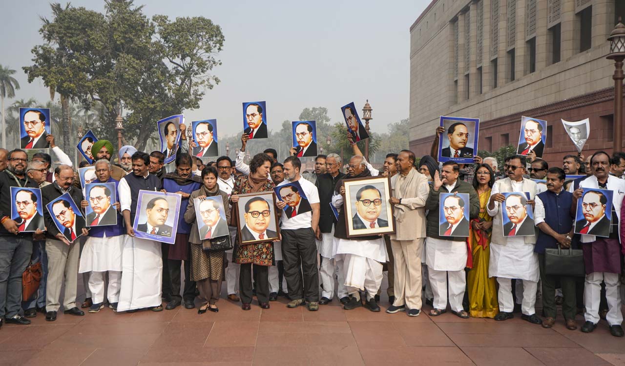 INDIA bloc MPs protest in Parliament premises, demand Amit Shah’s apology for Ambedkar remarks