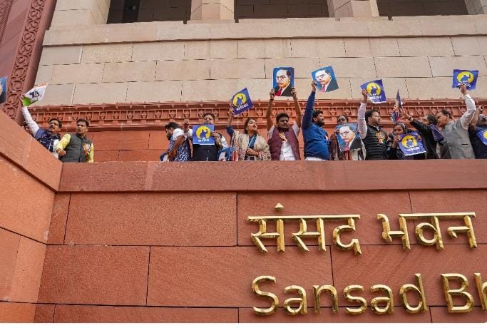 NDA, INDIA bloc MPs protest in Parl premises; BJP alleges Rahul pushed its MP