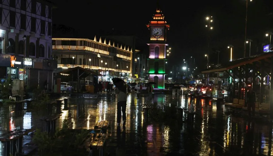 Srinagar’s Lal Chowk looks breathtaking as rains lash the city on Wednesday, after the hottest day, besides other parts of the Valley bringing the mercury again down.