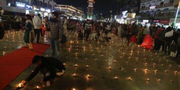 Hindu devotees celebrated Diwali by lighting earthen lamps near Ghanta Ghar, Lal Chowk in Srinagar