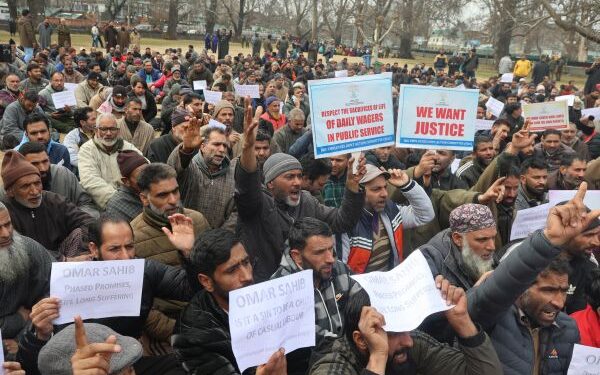 Contractual employees, daily wagers protest in Srinagar seeking regularisation of services