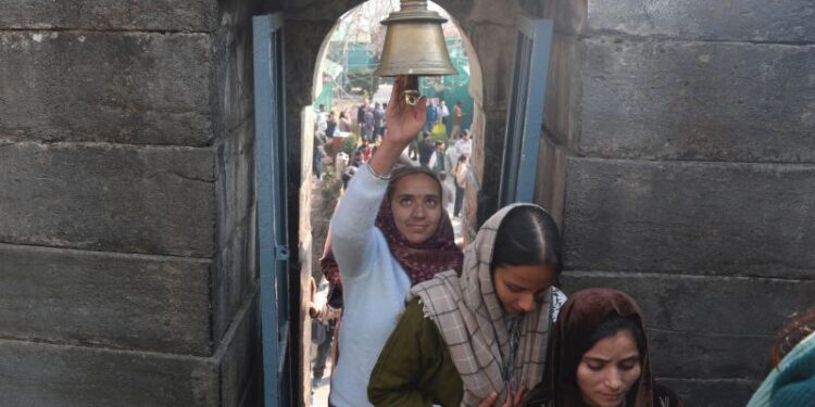 Devotees visiting the Shankaracharya Temple on Sunday to observe Mahashivratri and have Darshan