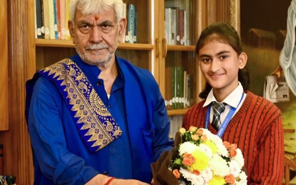 LG Manoj Sinha interacts with GD Goenka Baramulla students at Lok Bhavan